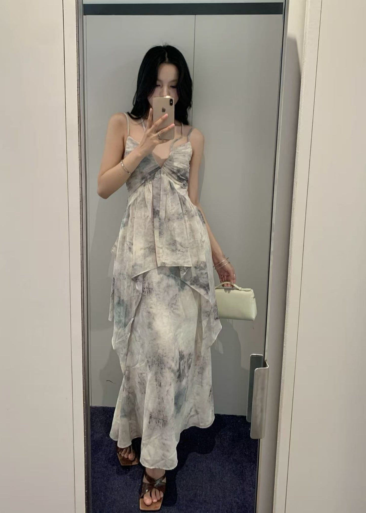 Ink-Print Ruched Slip Dress