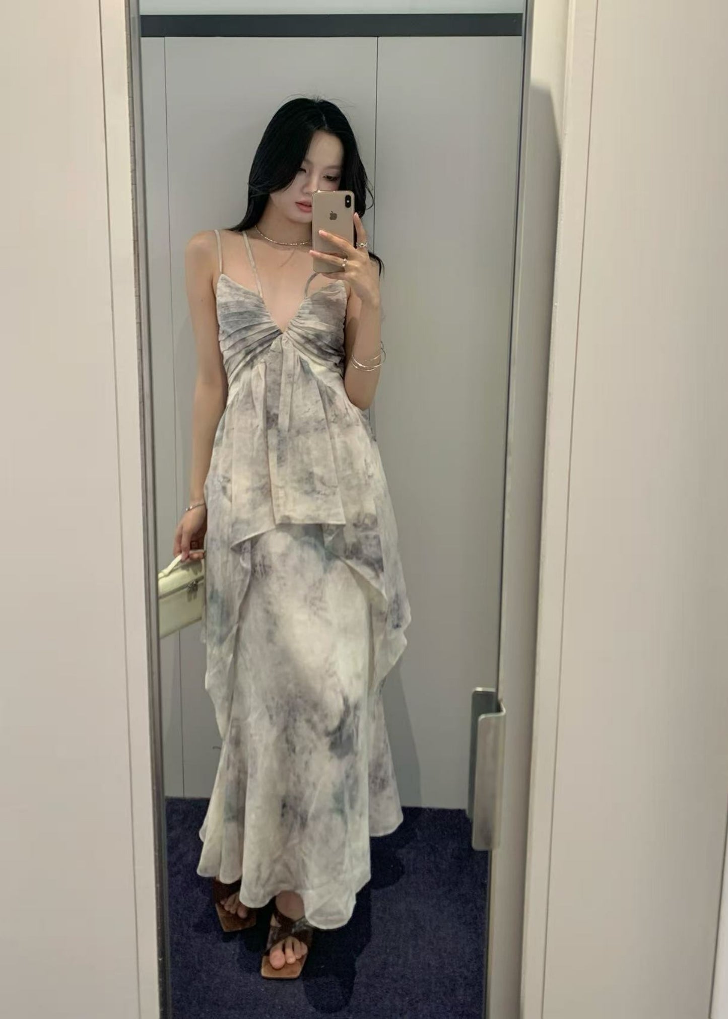 Ink-Print Ruched Slip Dress