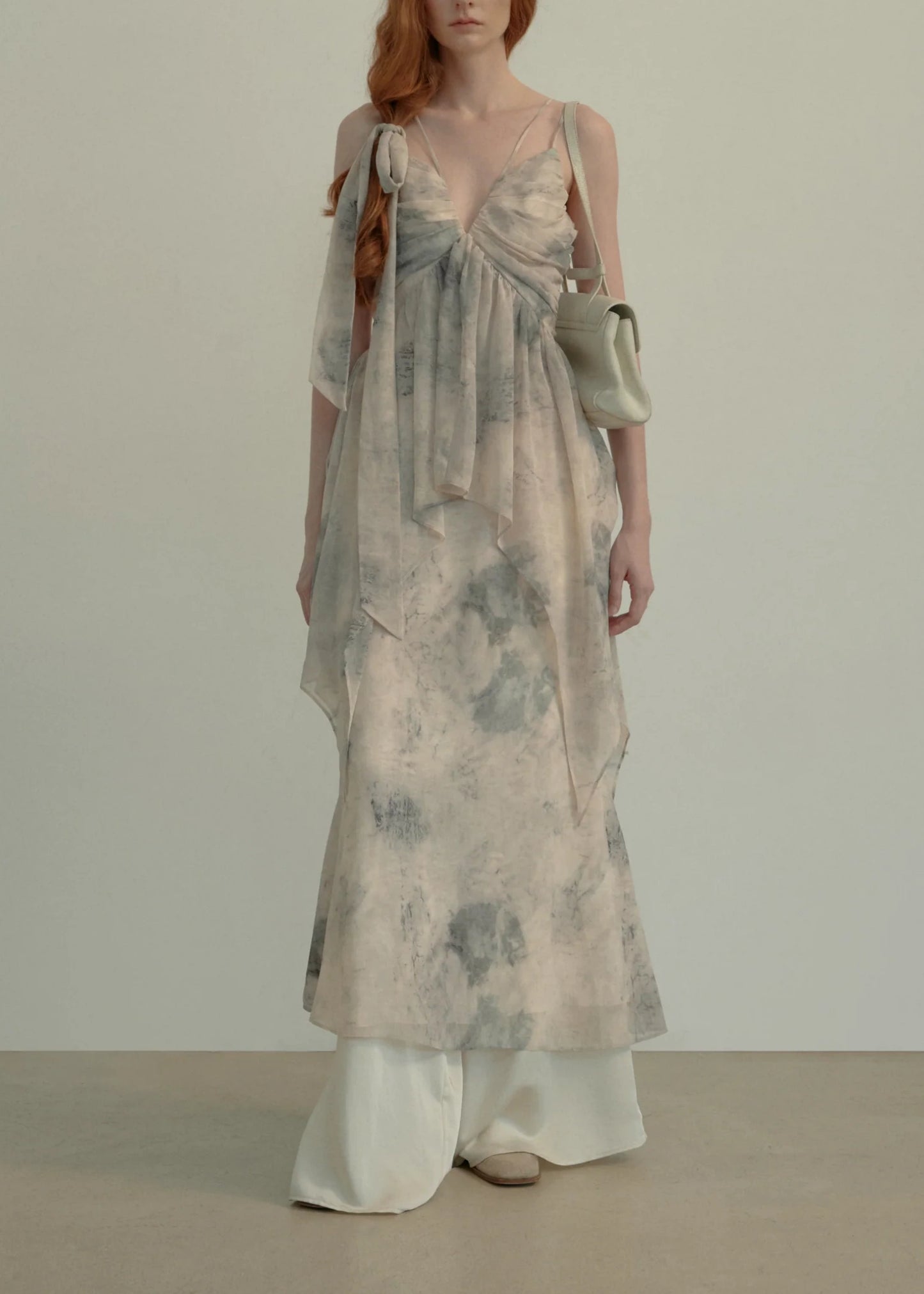 Ink-Print Ruched Slip Dress