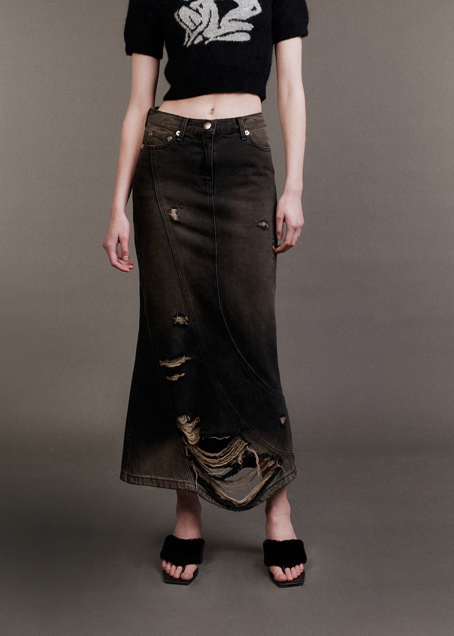 Damaged Denim Long Skirt