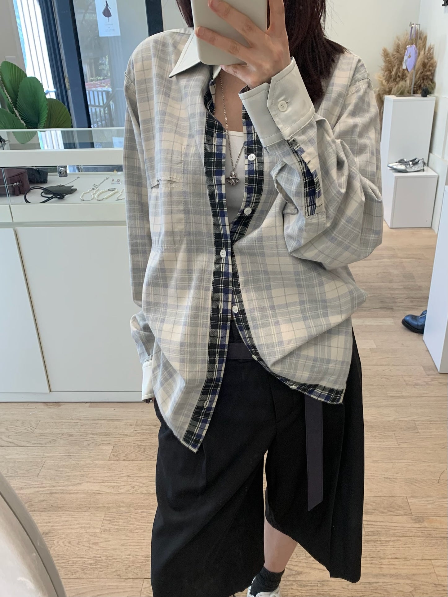 Reversible Cream Plaid Pattern Shirt