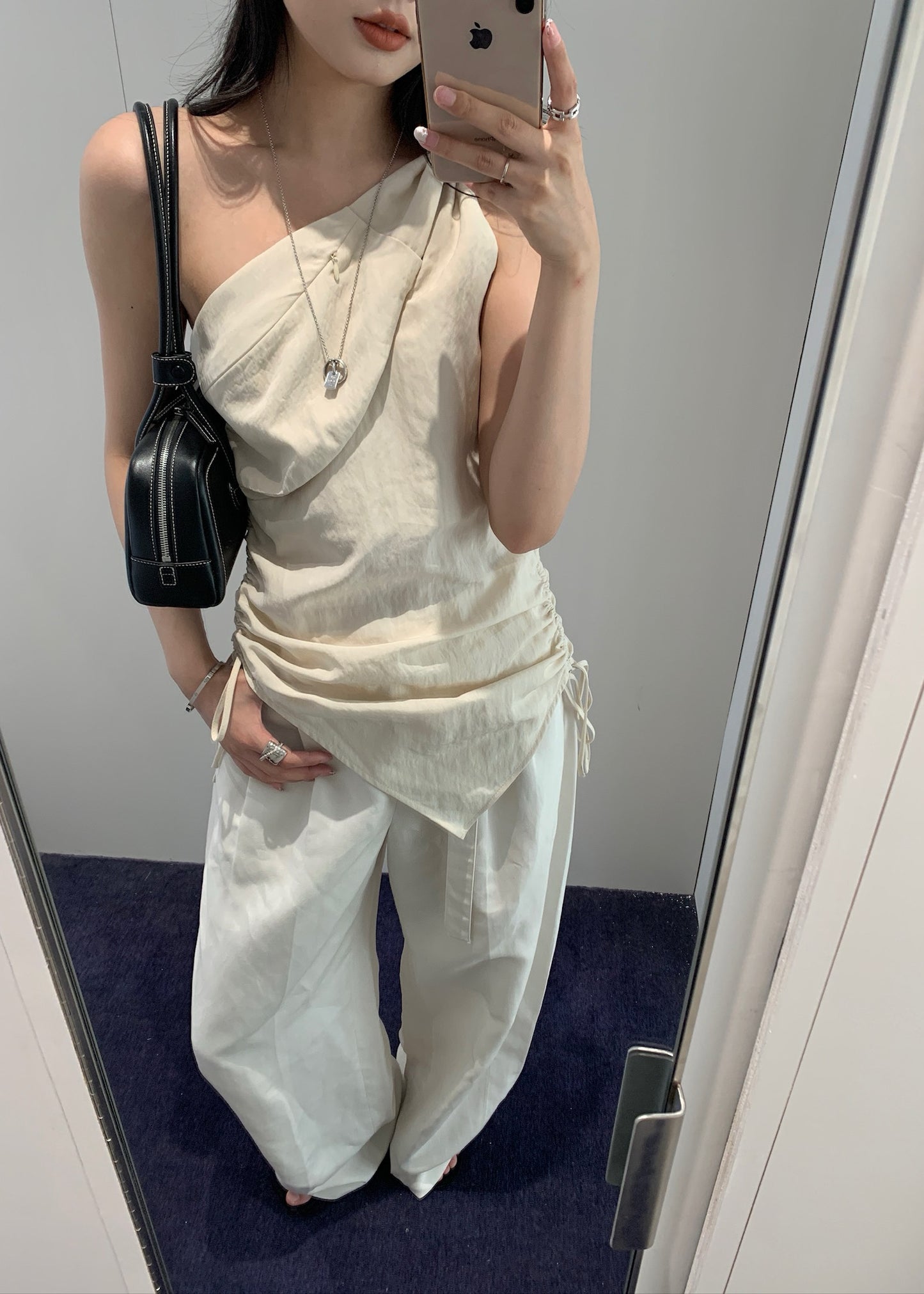 Shirring One Shoulder Sleeveless Top