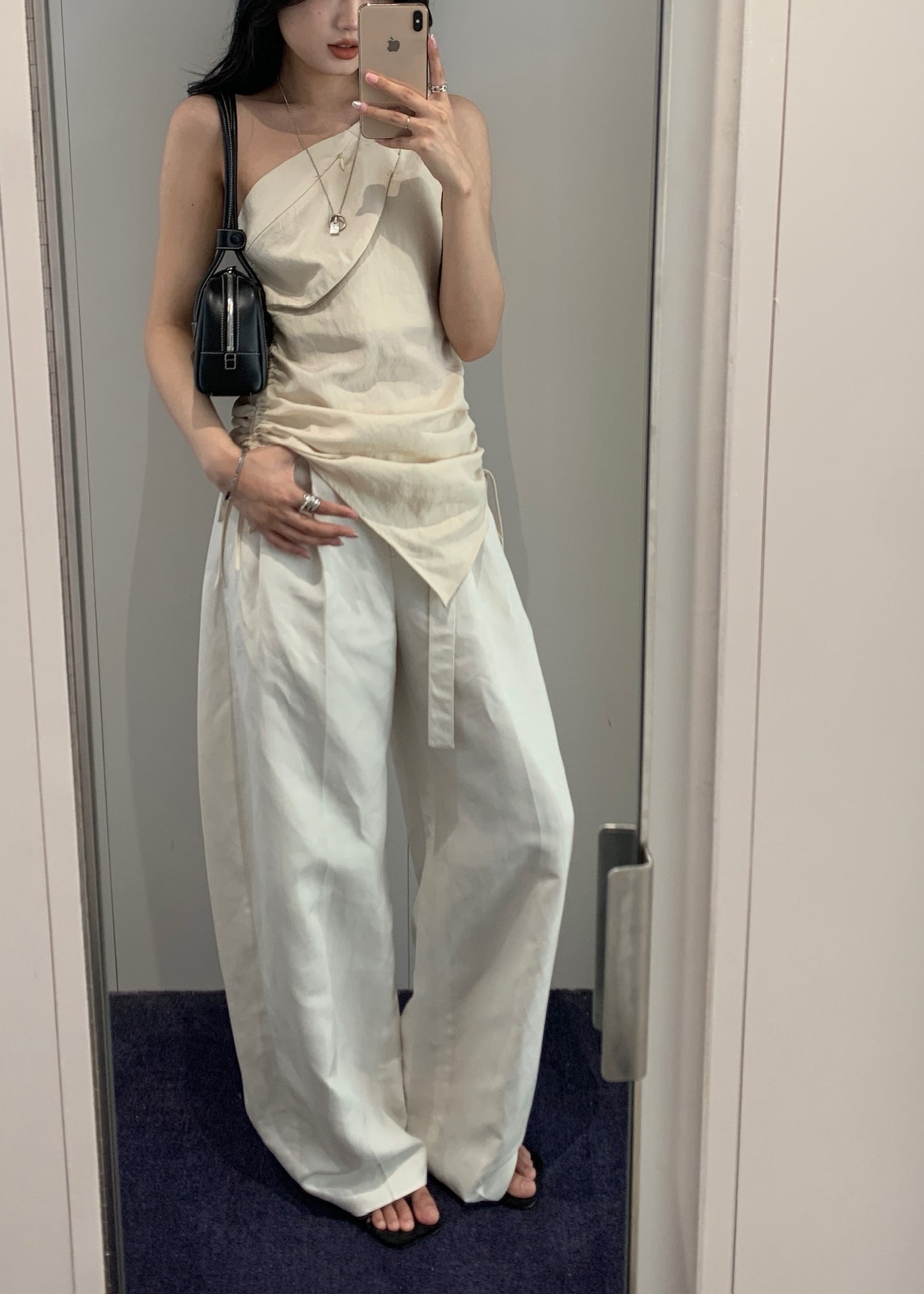 Shirring One Shoulder Sleeveless Top