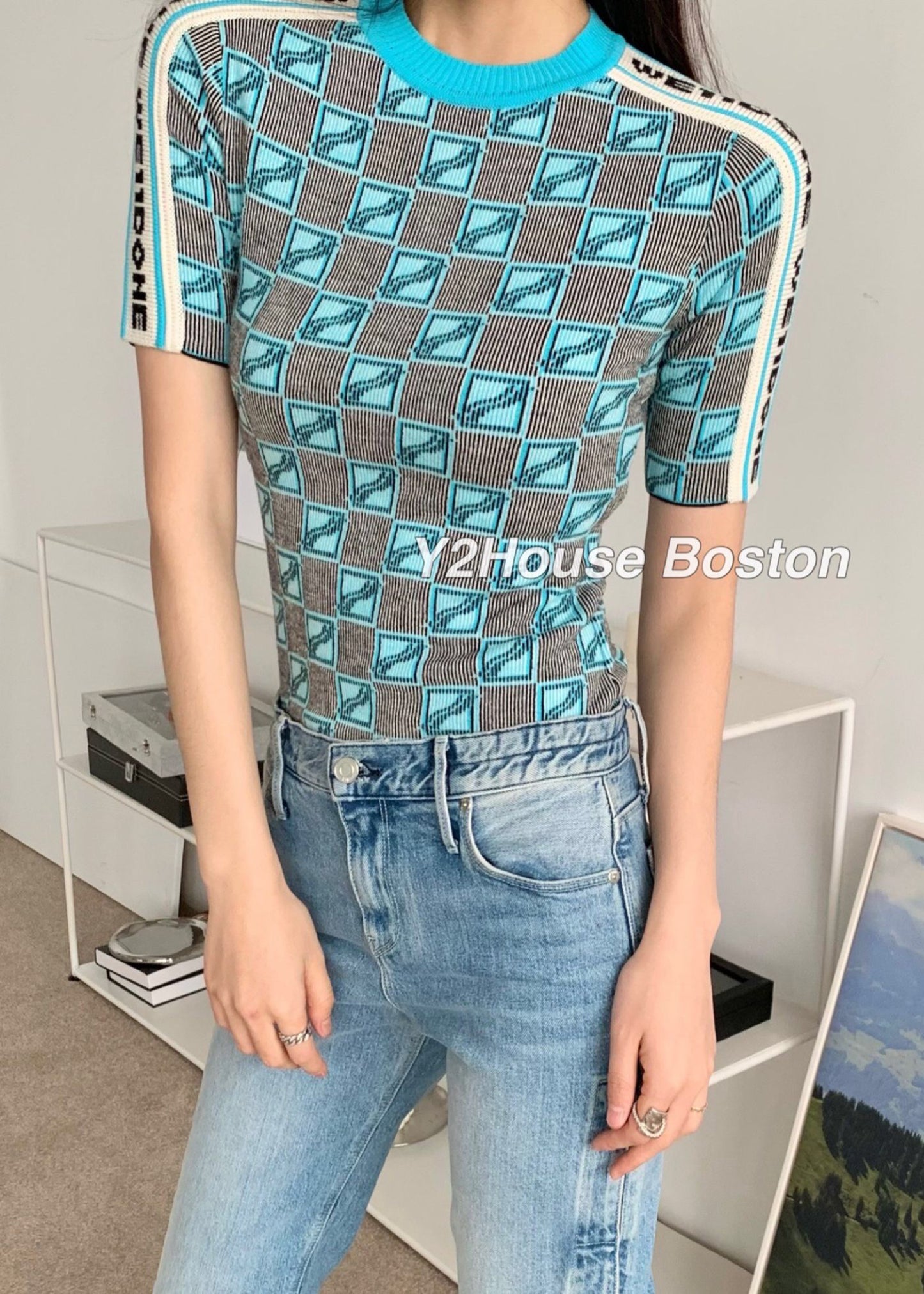 All Over Logo Stripe Knit Top