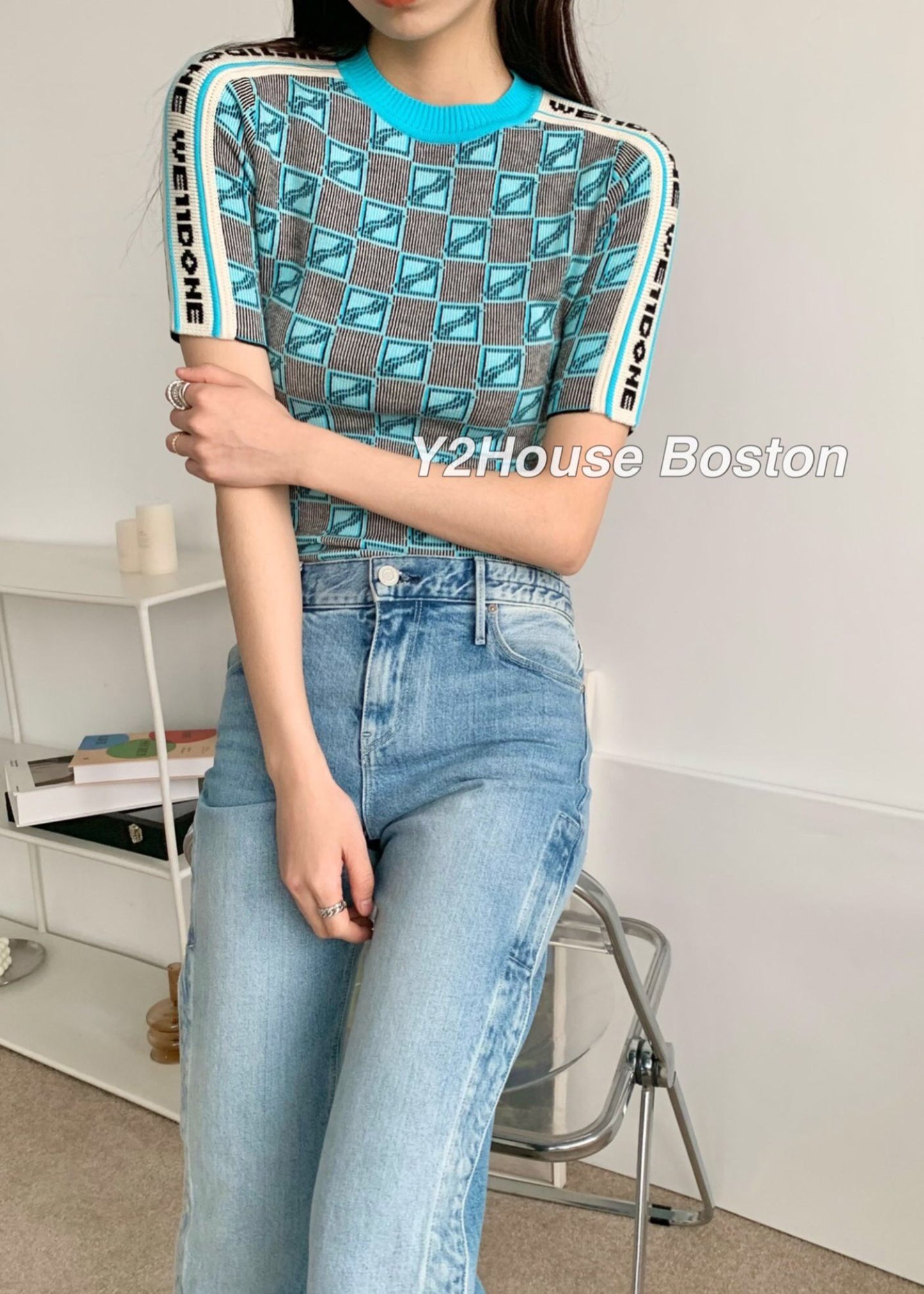 All Over Logo Stripe Knit Top