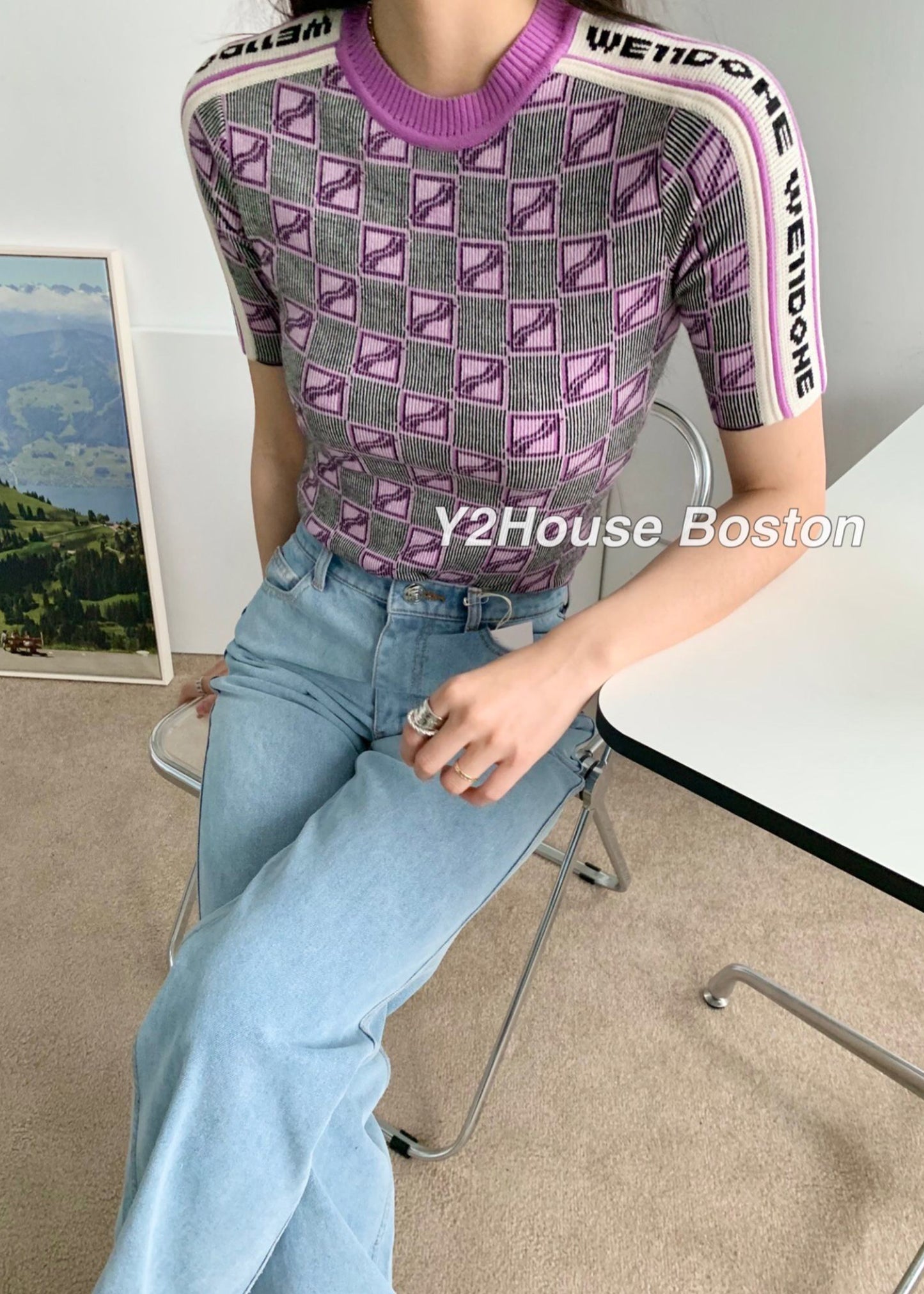 PURPLE ALL OVER LOGO STRIPE TOP