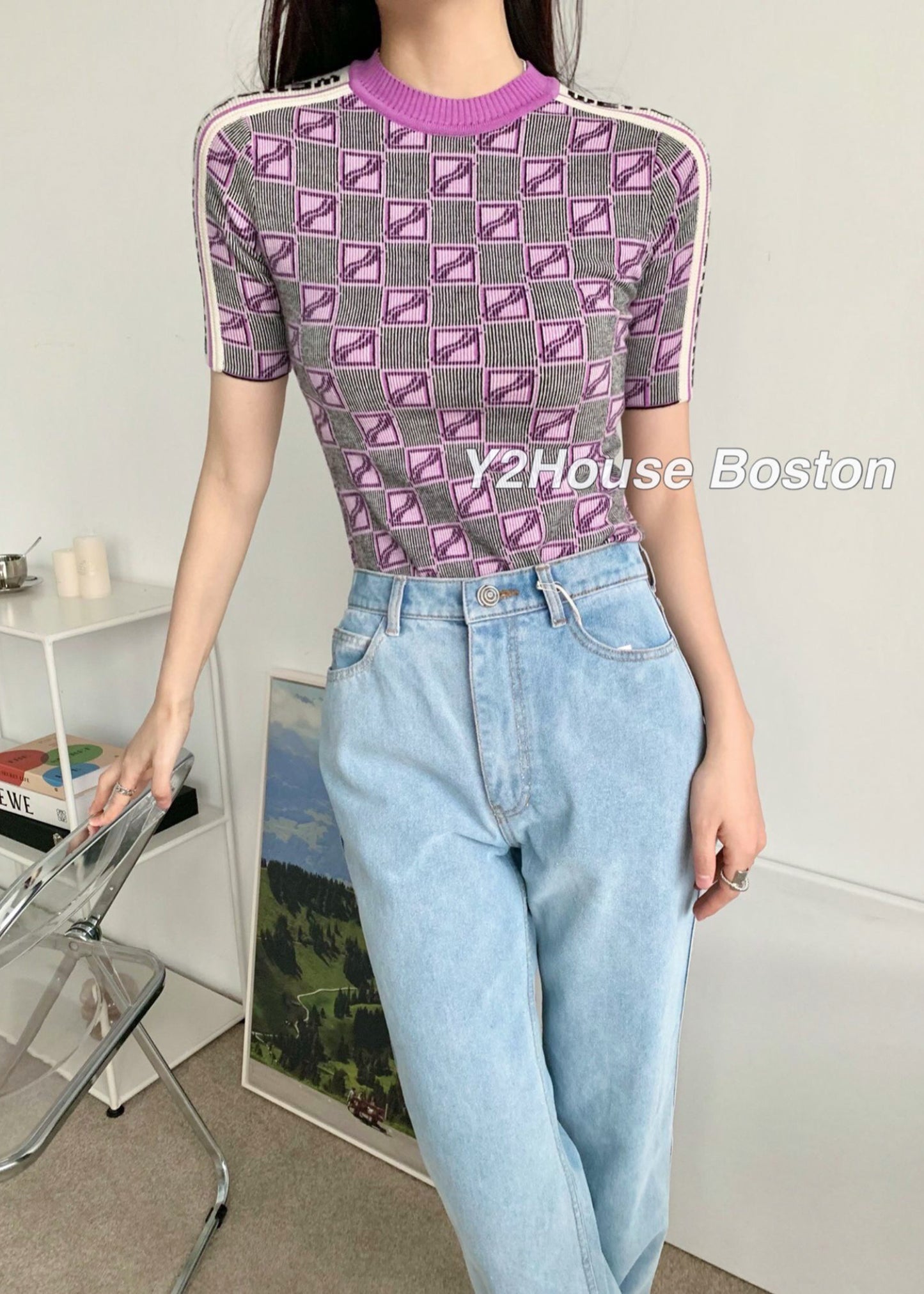 PURPLE ALL OVER LOGO STRIPE TOP