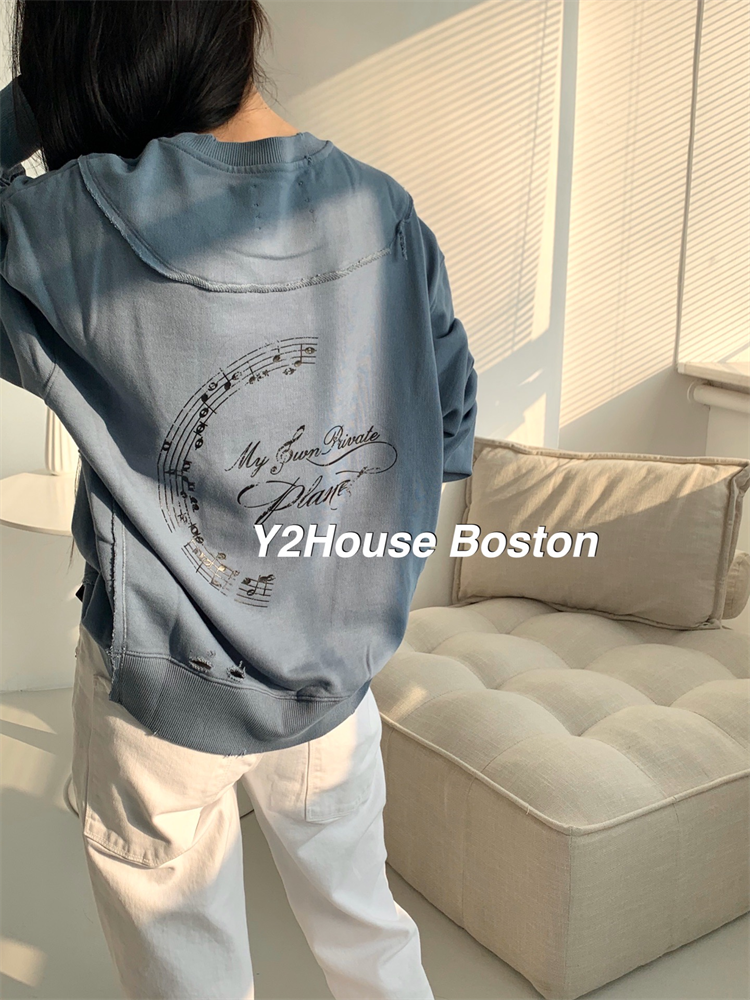 Distressed Panelled Crewneck (Mist Blue)