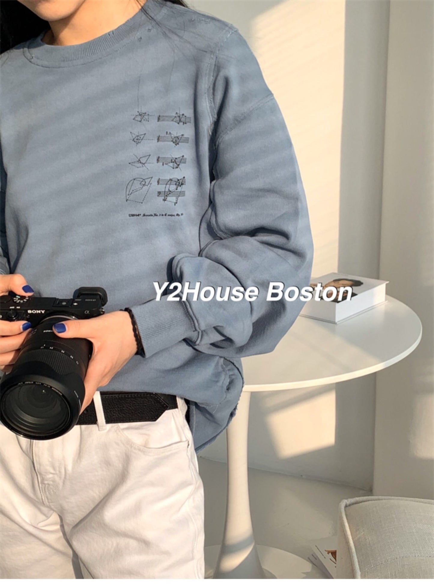 Distressed Panelled Crewneck (Mist Blue)