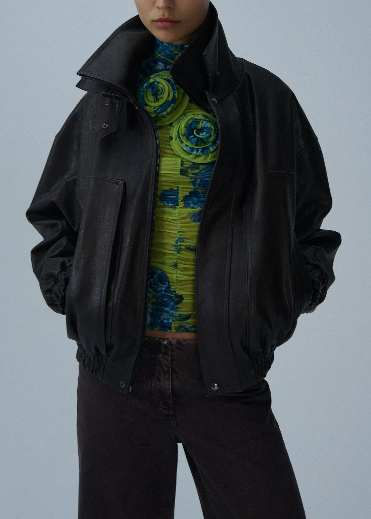 Snap-collar Leather Aviator Jacket