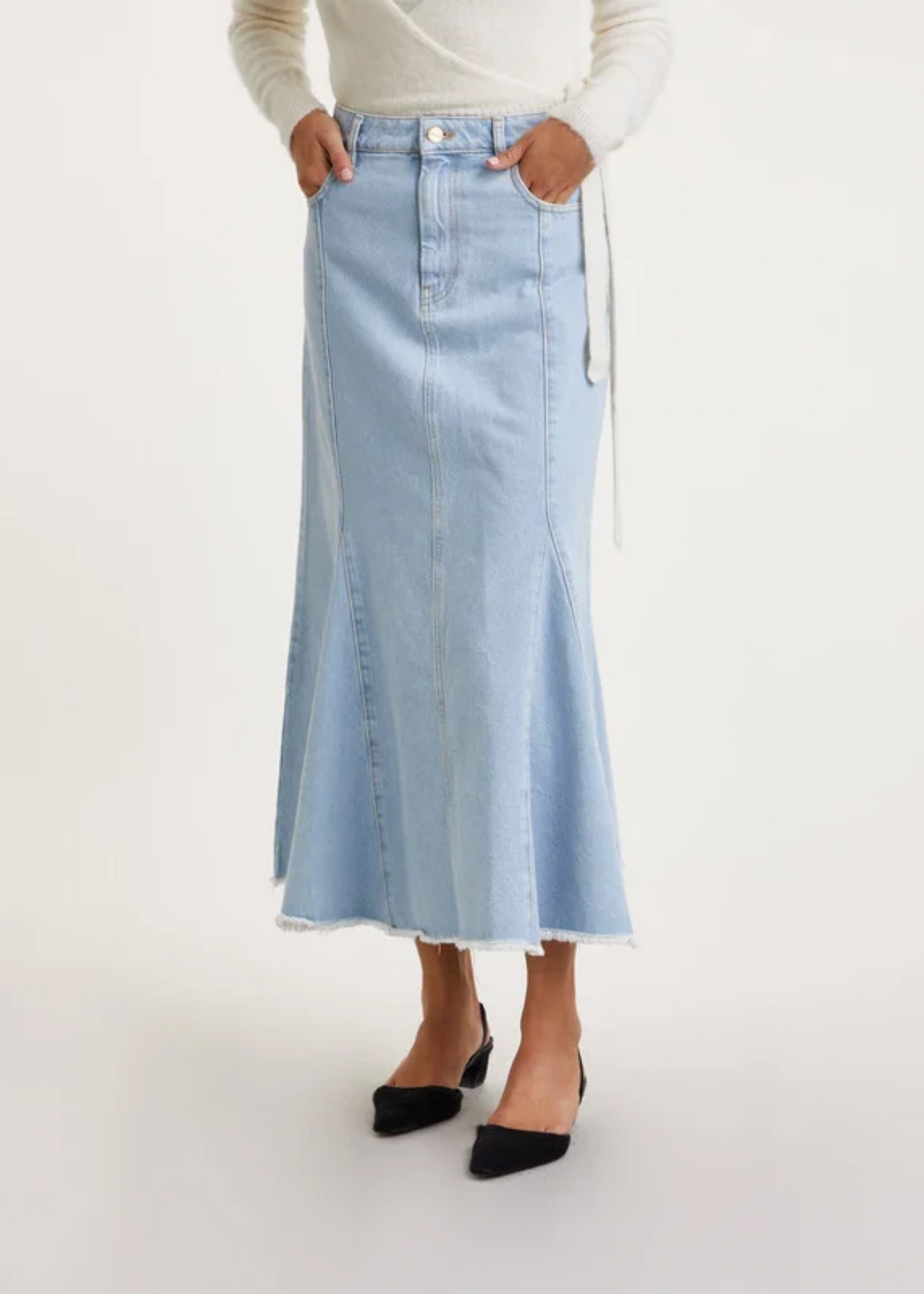 Denim Peplum Midi Skirt