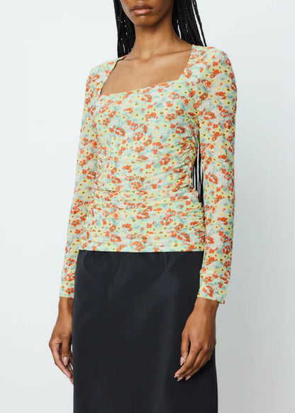 Printed Mesh Ruched Long Sleeve Blouse