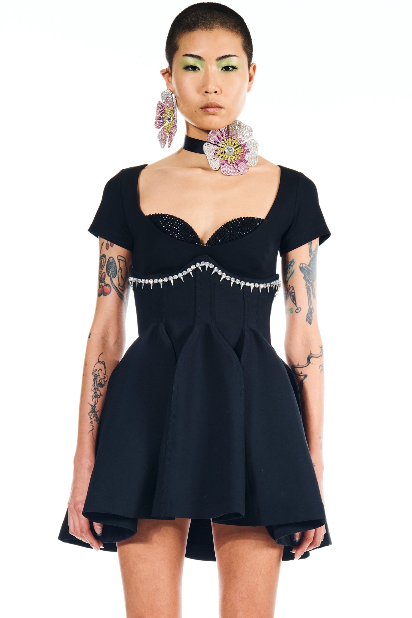 Crystal Spike Godet Mini Skirt