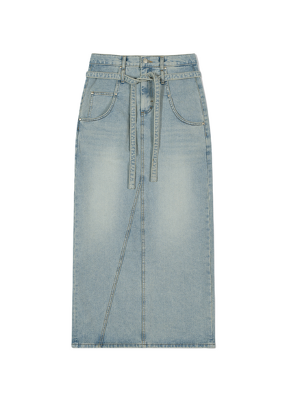 Belted High Waist Denim Skirt