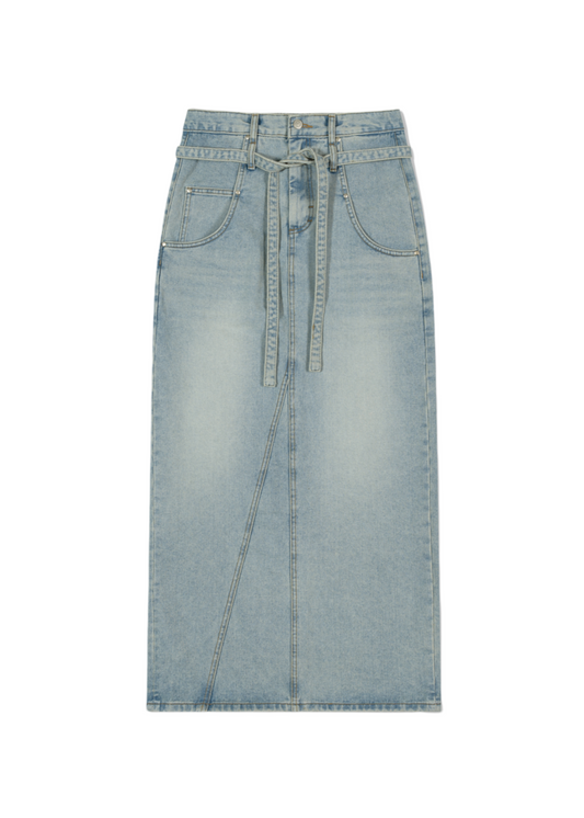 Belted High Waist Denim Skirt
