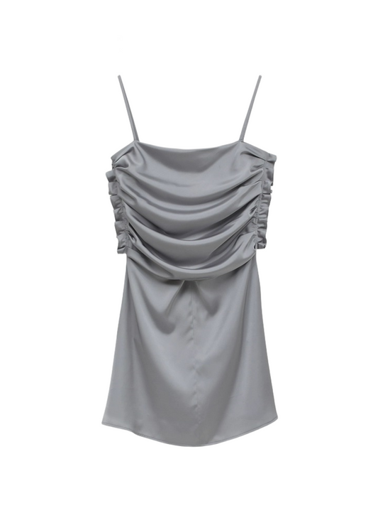 Mild Satin Tucked Detail Strap Dress