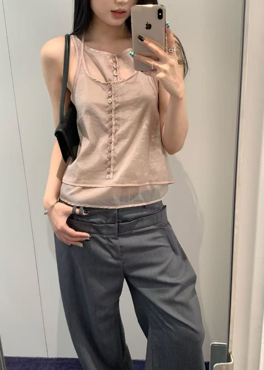 Sheer Button Layered Tank Top