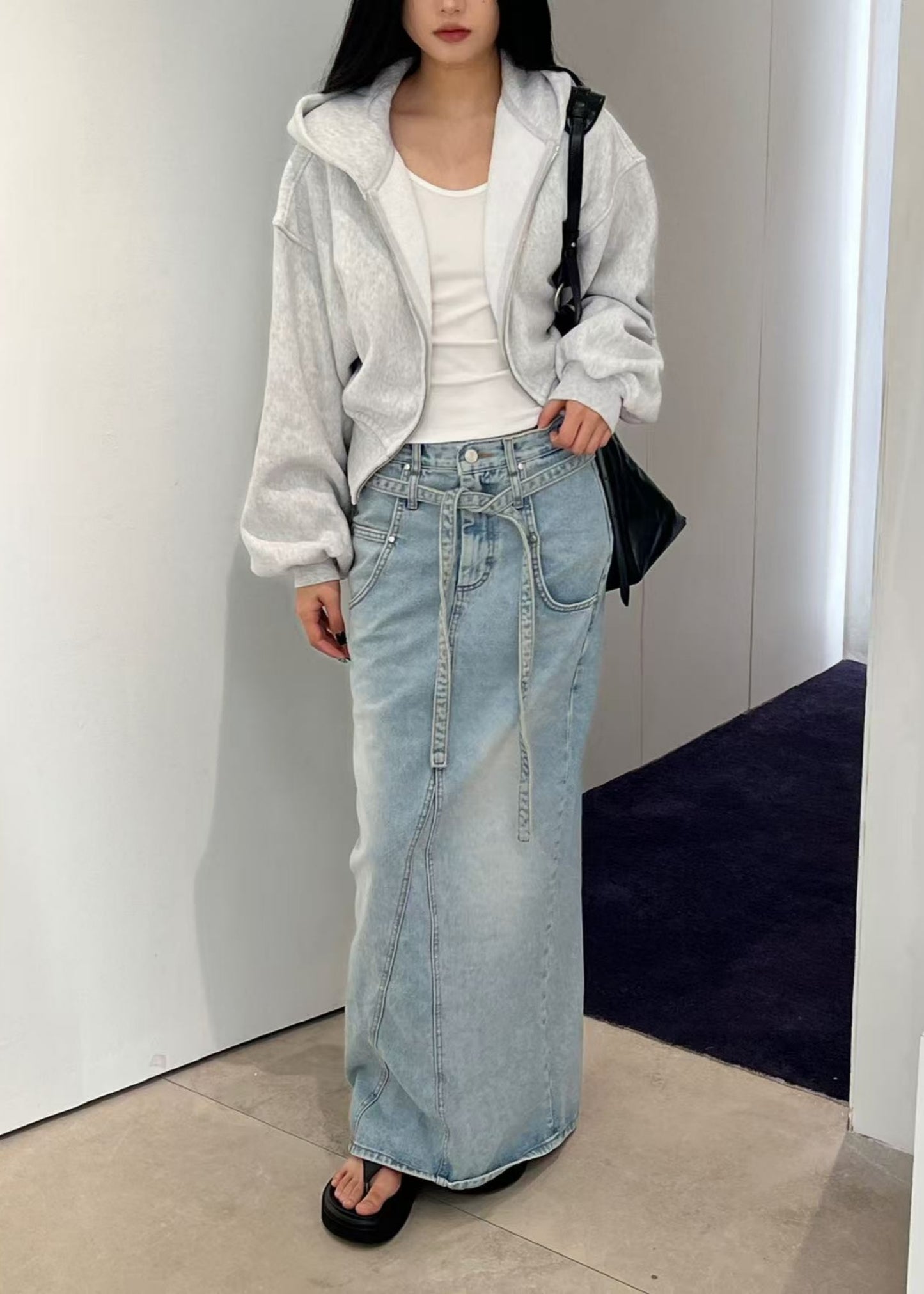 Belted High Waist Denim Skirt