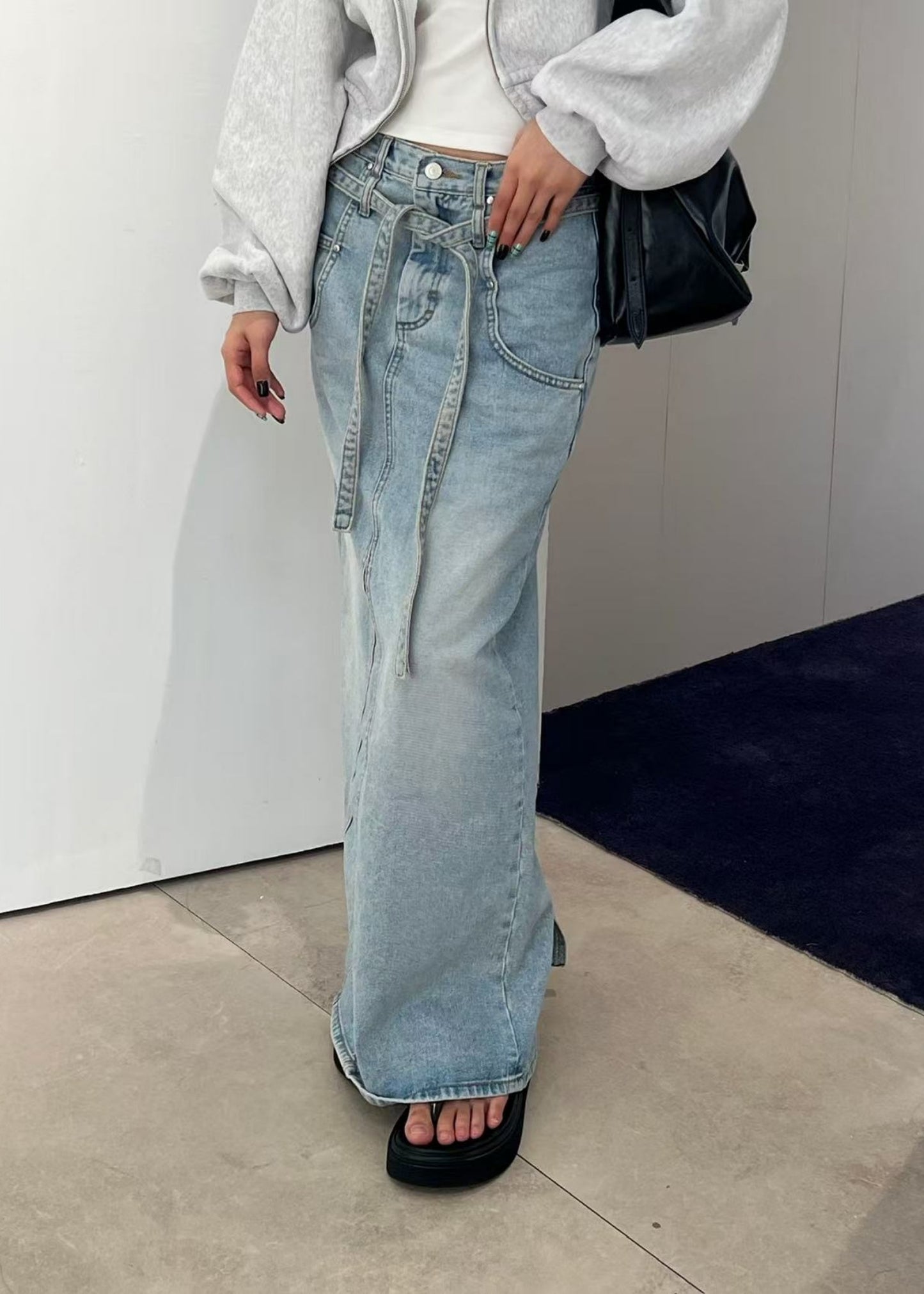 Belted High Waist Denim Skirt