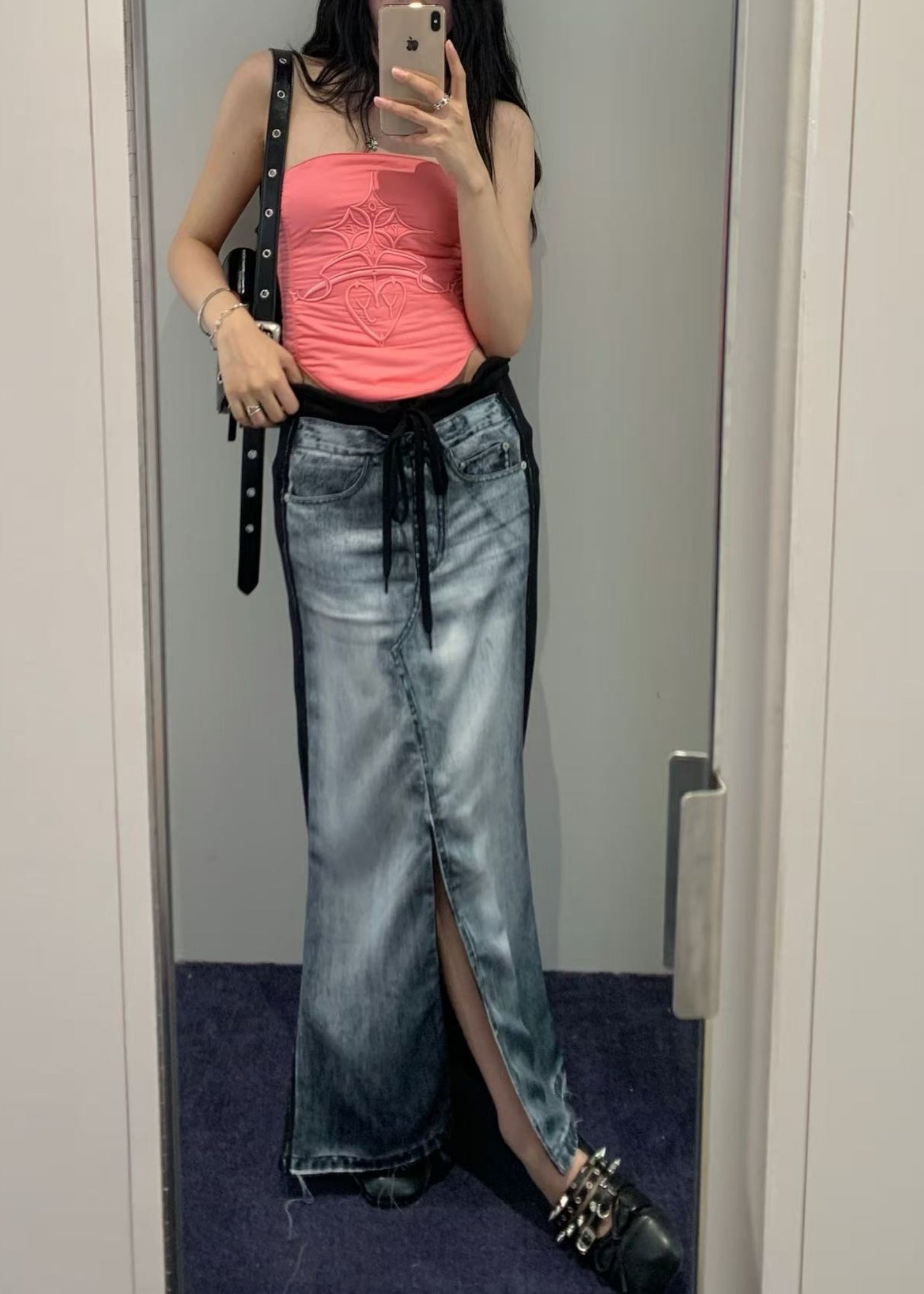 Front Jean Effect Jersey Skirt
