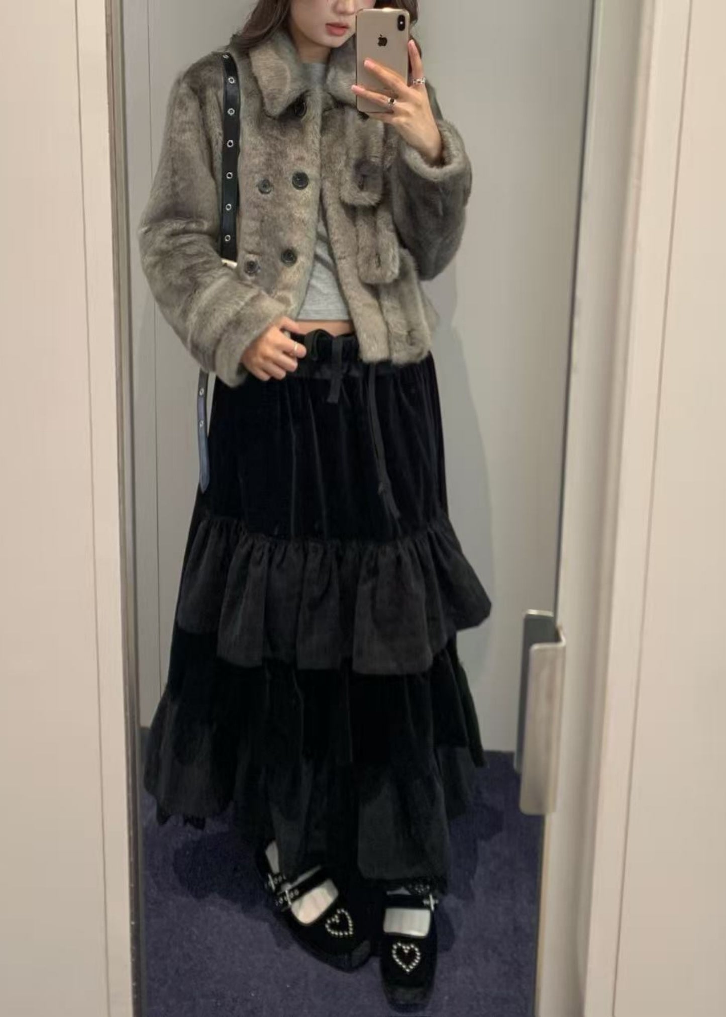 Velvet Rolled Waist Tiered Skirt