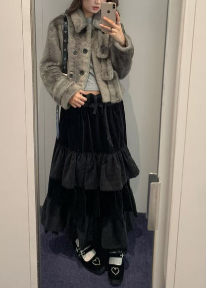 Velvet Rolled Waist Tiered Skirt