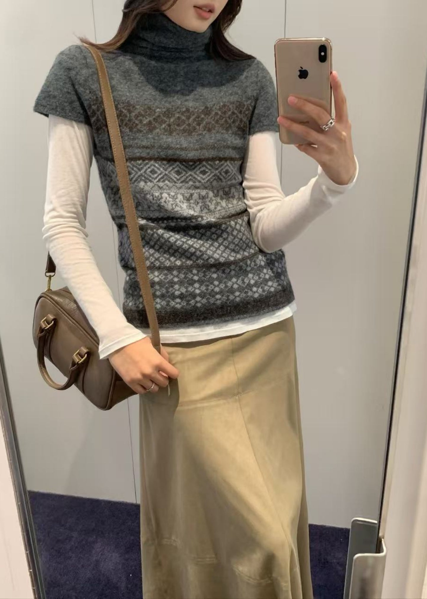 Half Cap Sleeve Intarsia Knit Top