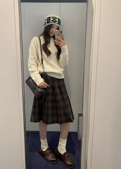 Flannel Pleats Midi Skirt