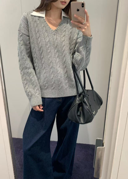 Shirt Collar V-Neck Knit