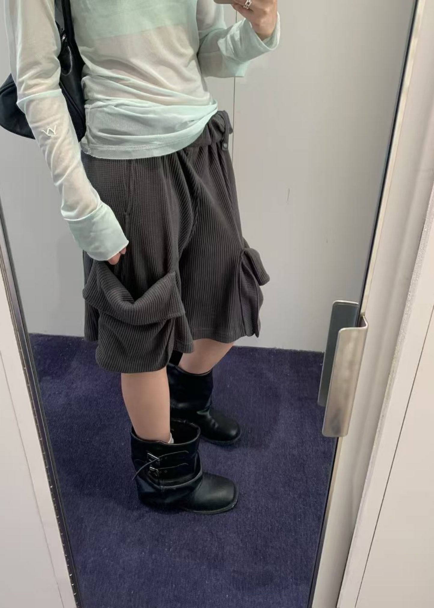 Rolled Waist Waffle Cargo Shorts