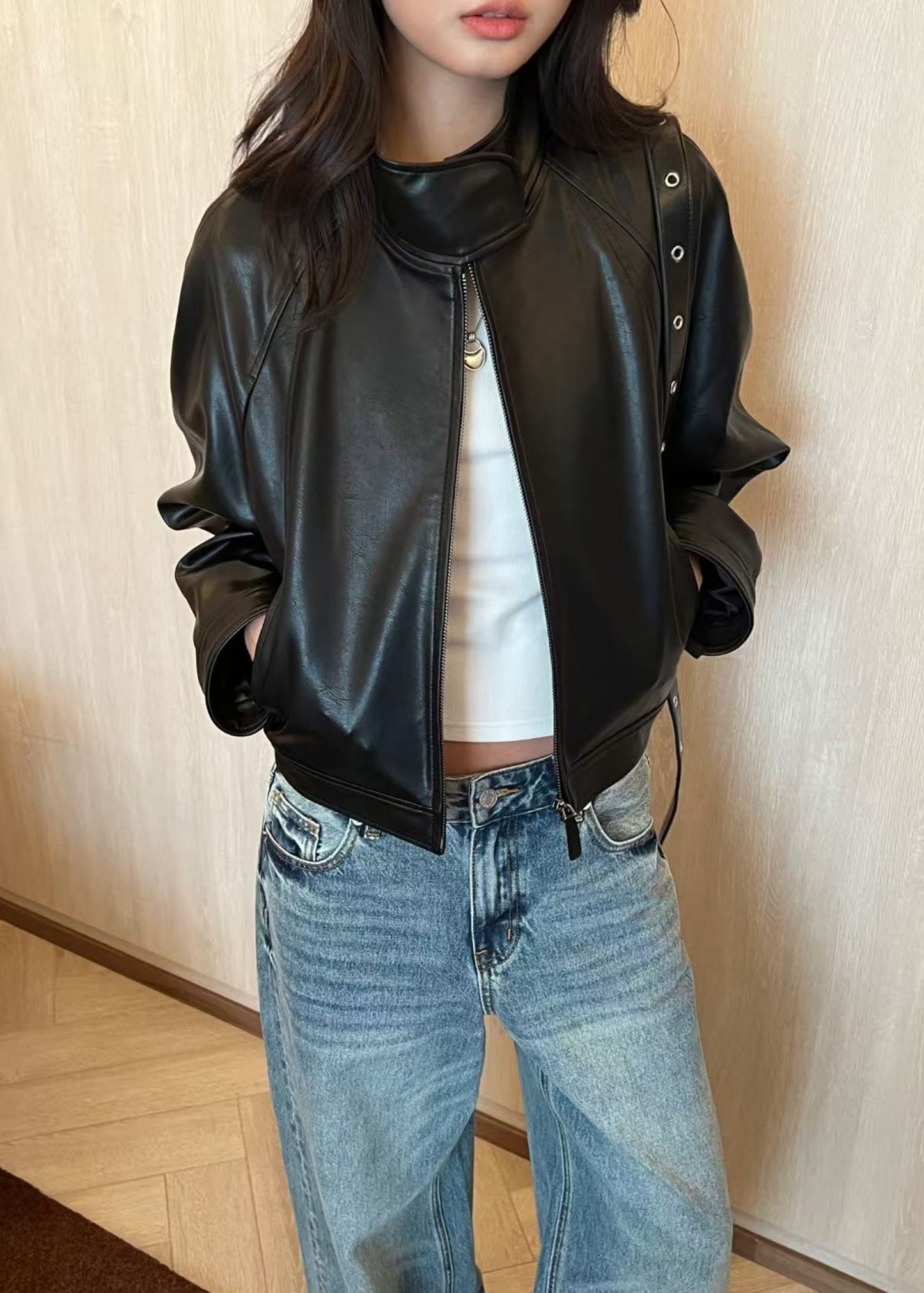 Stand Collar Artificial Leather Jumper