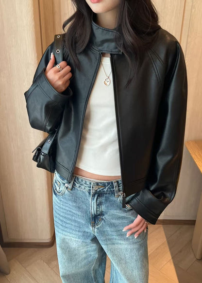 Stand Collar Artificial Leather Jumper