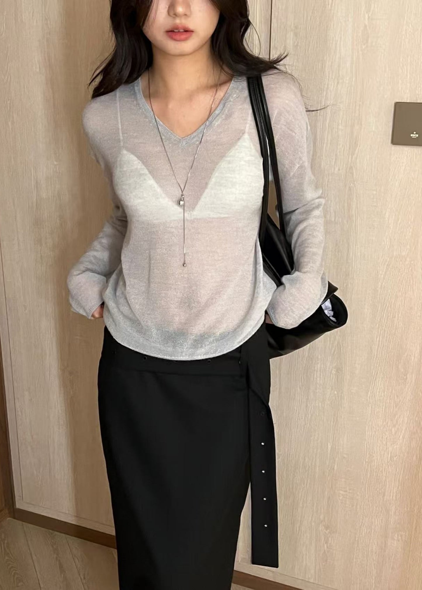 See-Through V-Neck Knit Pullover