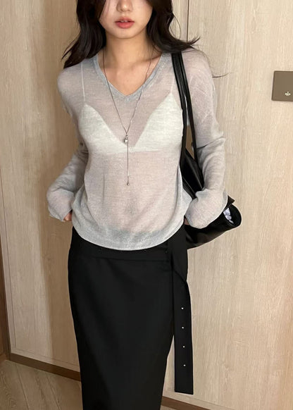 See-Through V-Neck Knit Pullover
