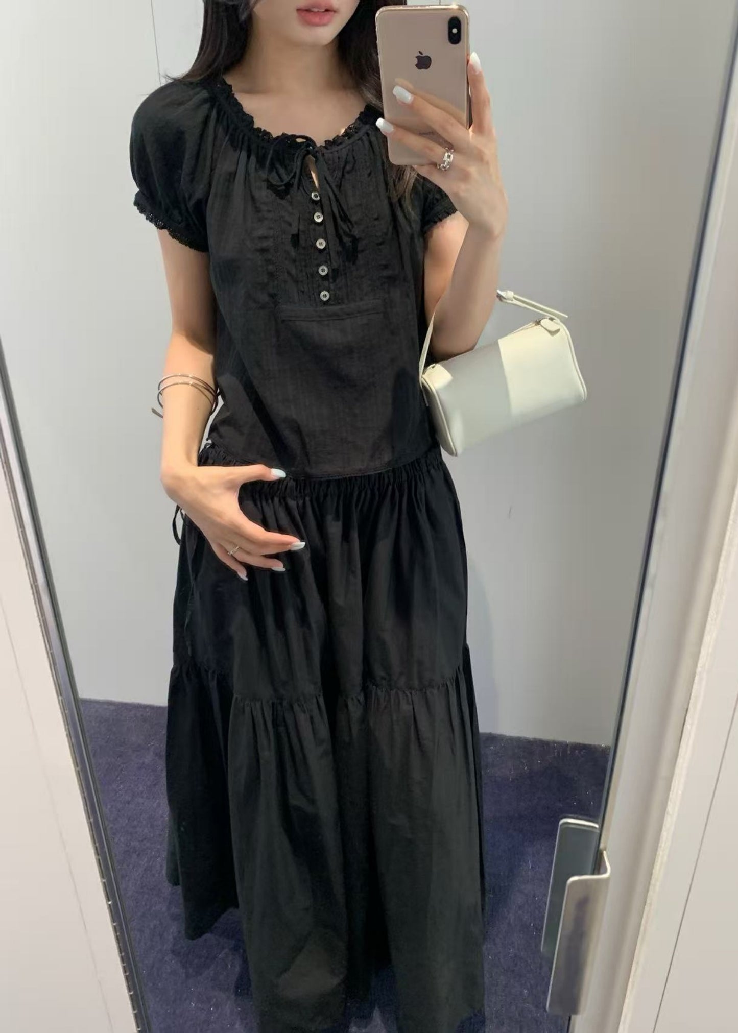Ribboned Shirring Blouse