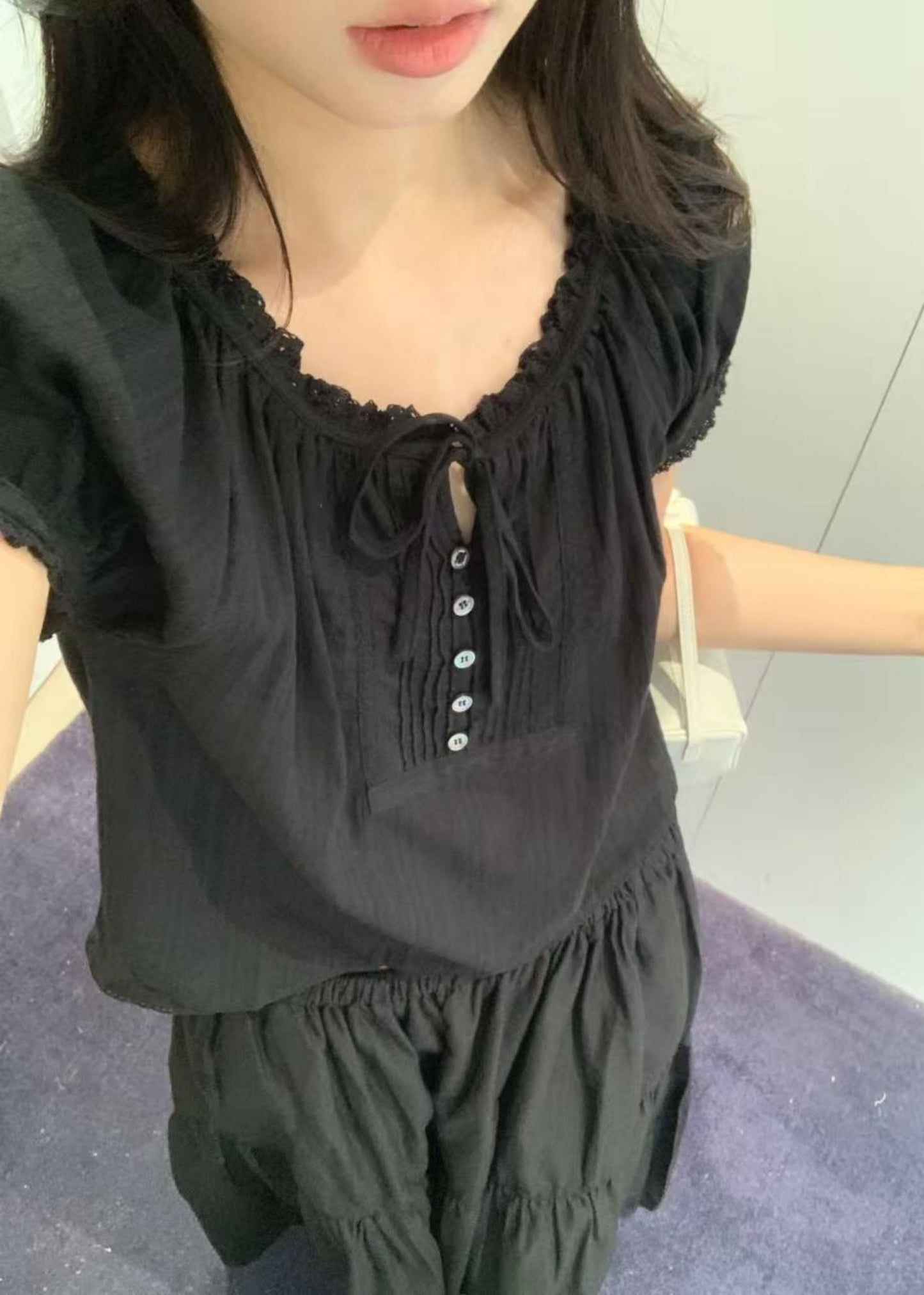 Ribboned Shirring Blouse