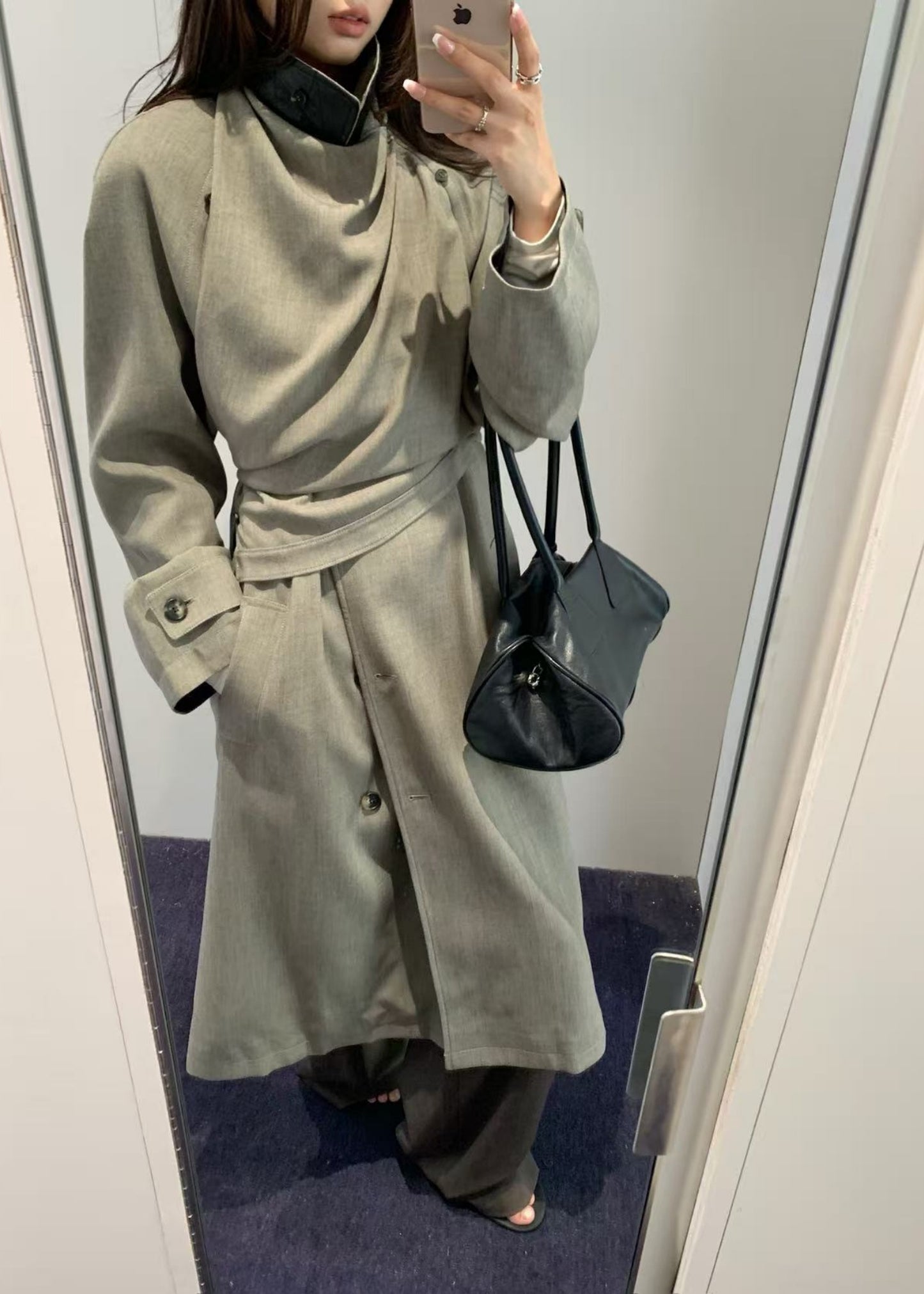 Draped Leather Mix Trench Coat