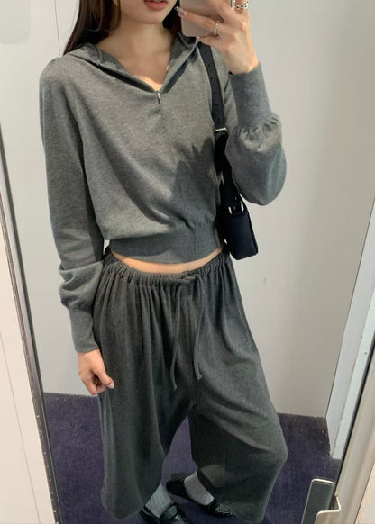 Shirring Half Zip Up Knit Hoodie