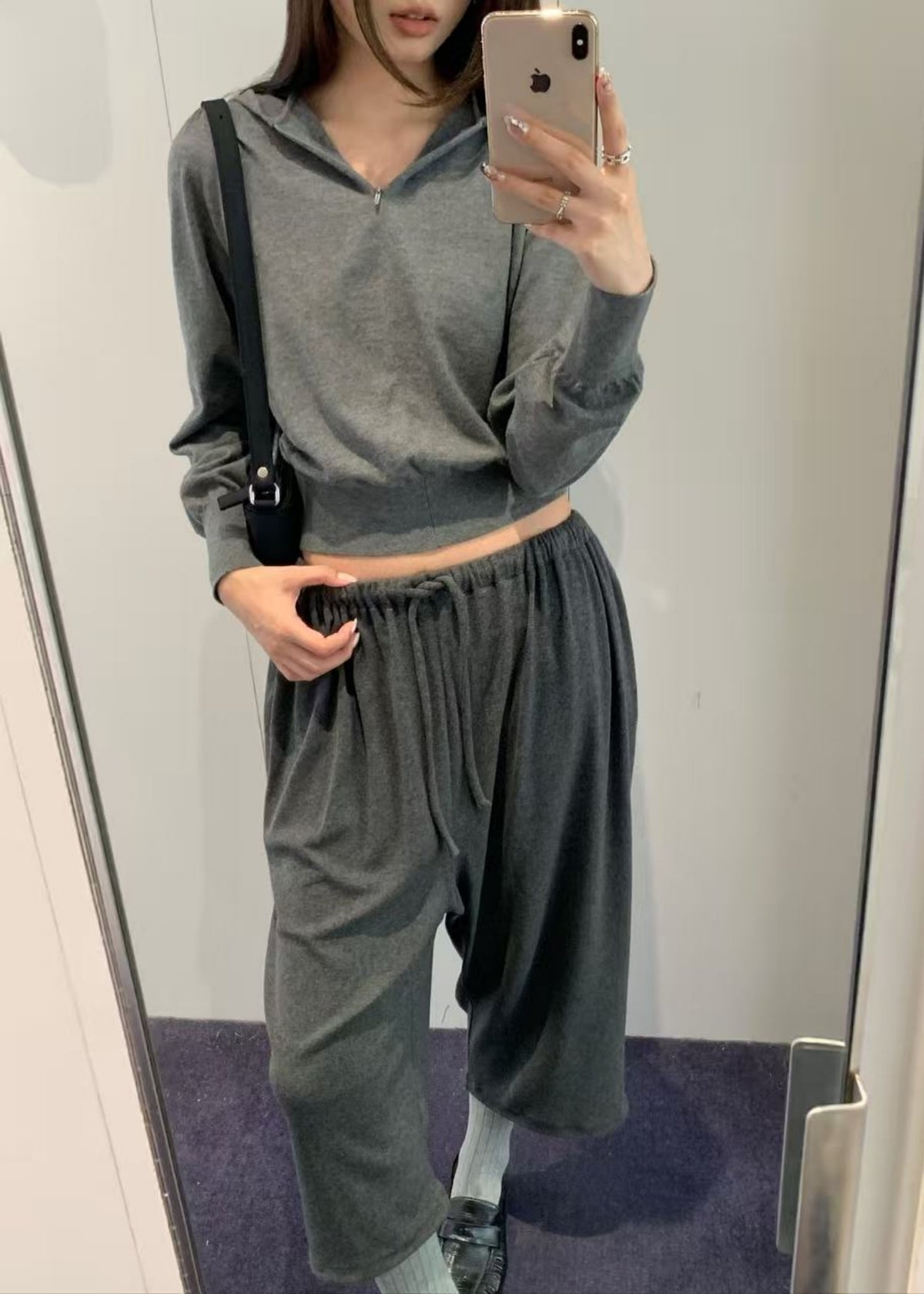 Shirring Half Zip Up Knit Hoodie