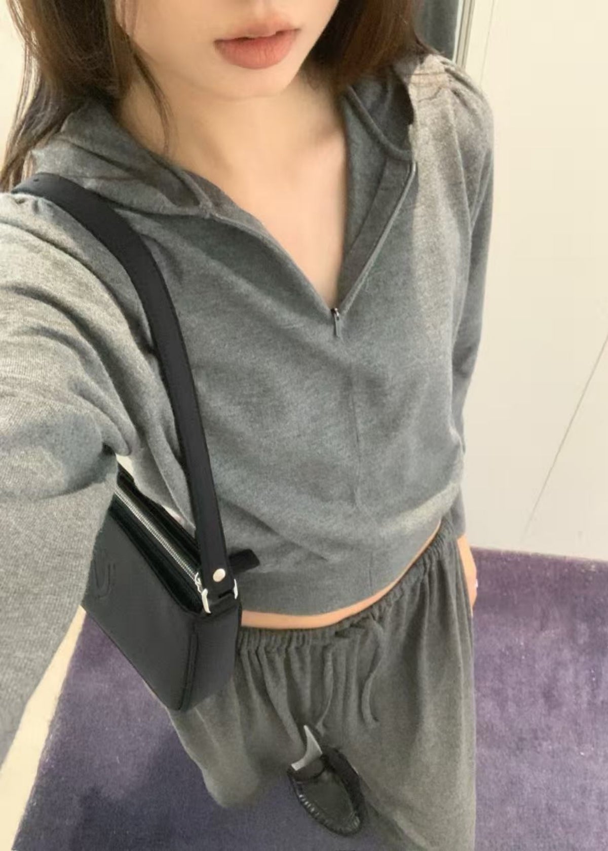 Shirring Half Zip Up Knit Hoodie