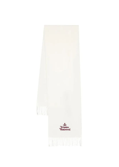 Embroidered Logo Fringed Wool Scarf