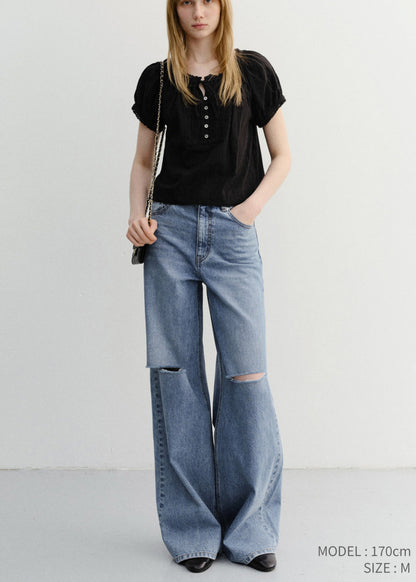 Ribboned Shirring Blouse