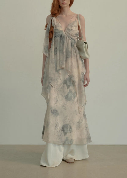 Ink-Print Ruched Slip Dress