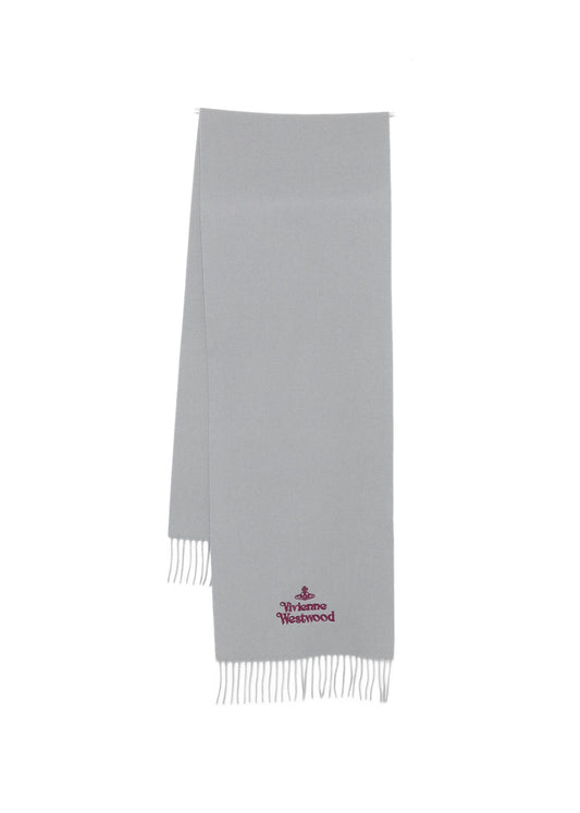 Embroidered Logo Fringed Wool Scarf