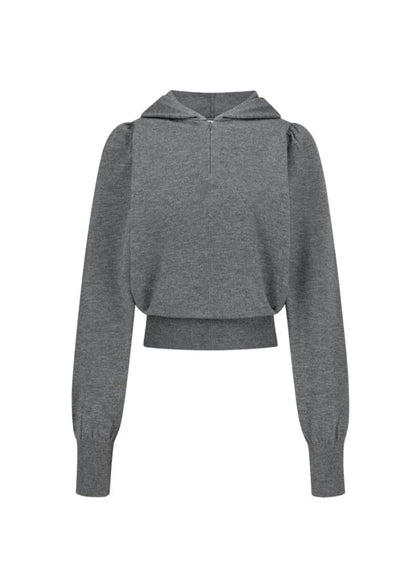 Shirring Half Zip Up Knit Hoodie