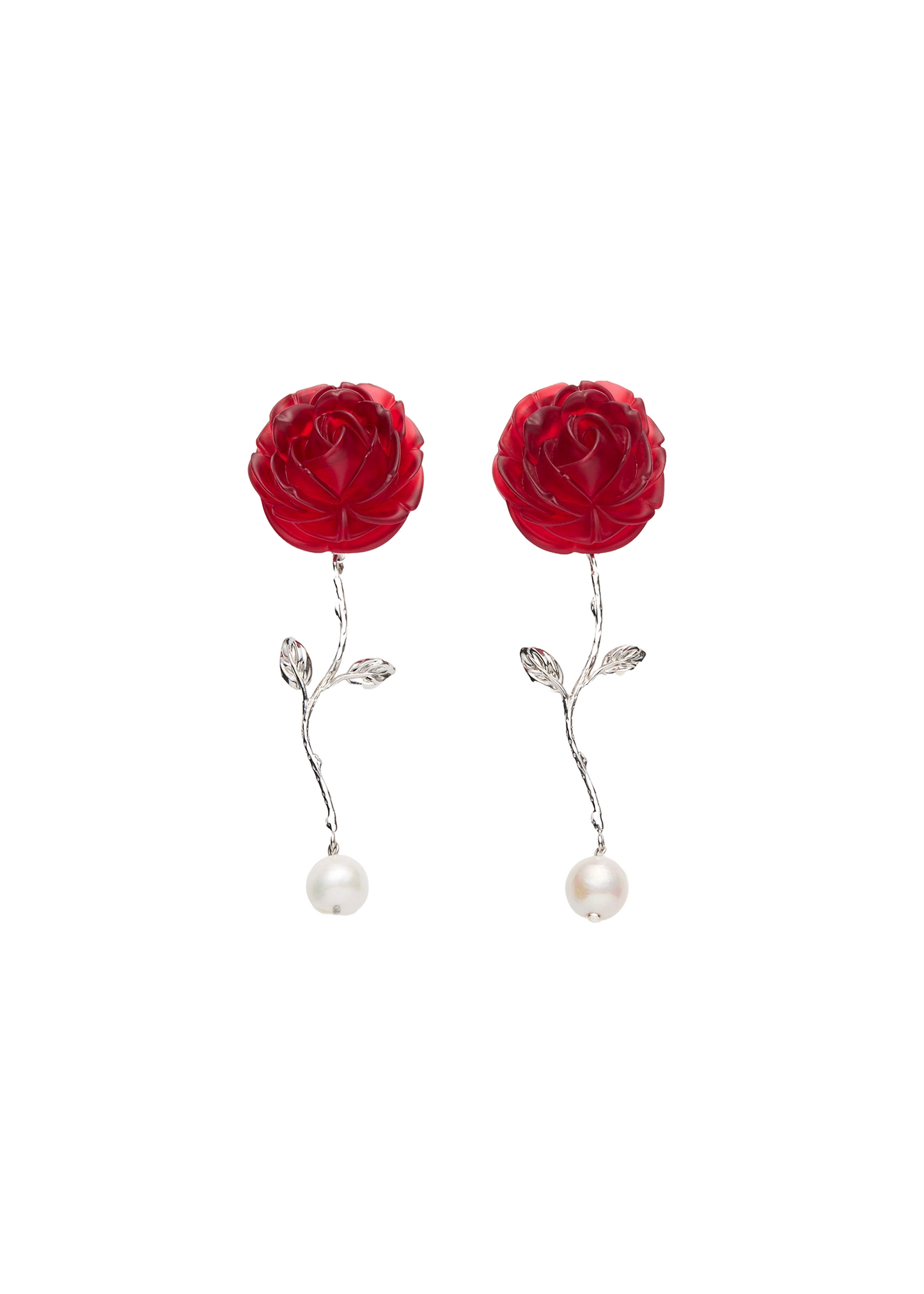 Red Rose Stem Earrings With Pearl Drop