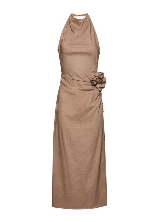 High Neck Floral Appliqué Midi Dress