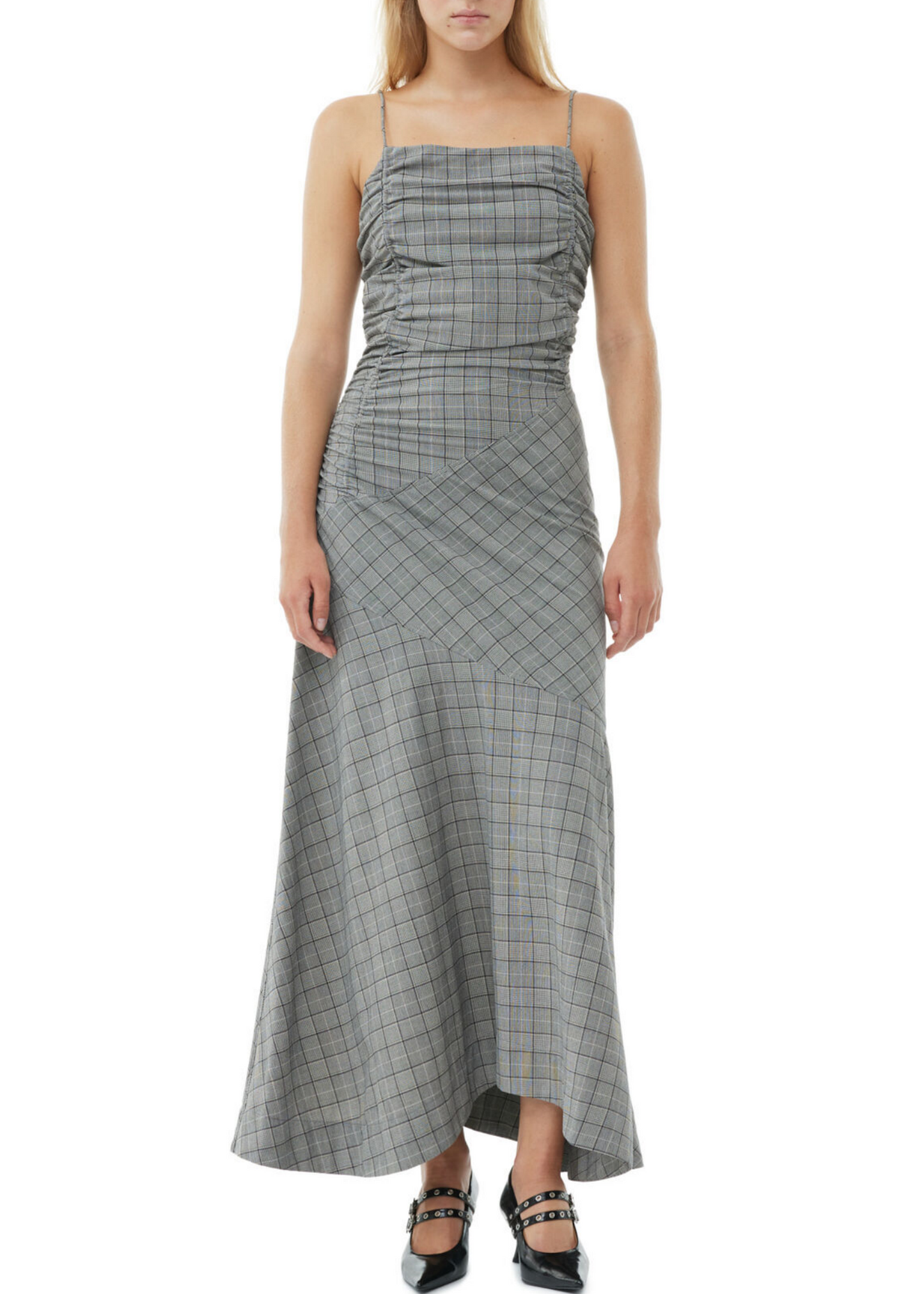 Checkered Ruched Long Slip Dress