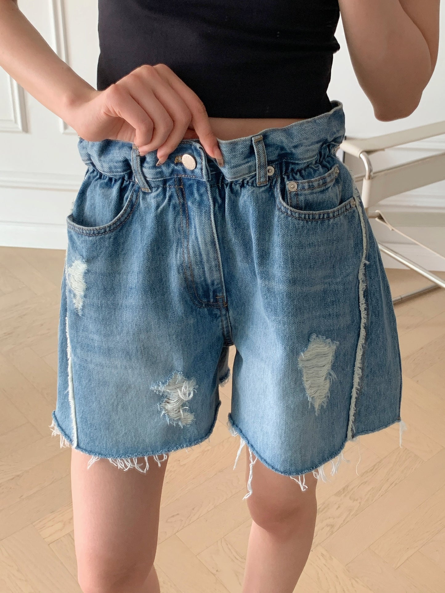 Gathered Denim Shorts