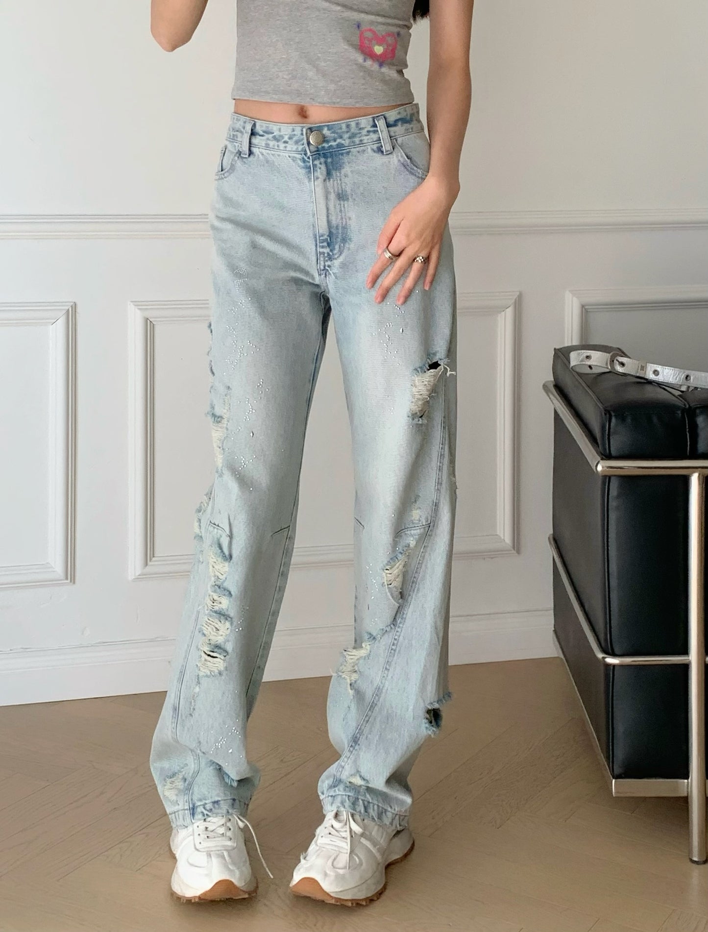 Crystal-embellished Ripped Jeans